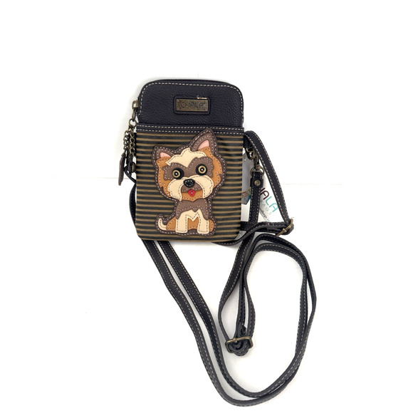 Chala Cell Phone Crossbody Bag Vegan-Leather Brown Gray Stripe Yorkshire Dog - Picture 1 of 13